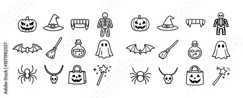 Halloween icon set: pumpkins, ghosts, bats, skulls, and more in black and white