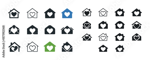 Heart-shaped icons inside house symbols in various designs and colors