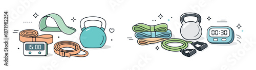 Fitness equipment: kettlebell, timer, resistance bands, exercise ropes for effective workouts