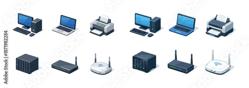 Isometric electronic devices: computers, printers, routers, and servers