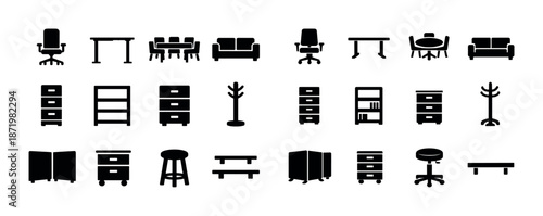 Silhouette set of office and home furniture icons in black on white