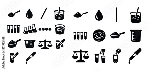 Science icons collection: beakers, test tubes, scales, droppers in black and white
