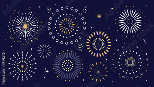 A vibrant display of golden and white fireworks against a deep blue backdrop