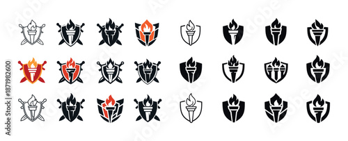 Set of torch and shield icons with flames and swords design variations