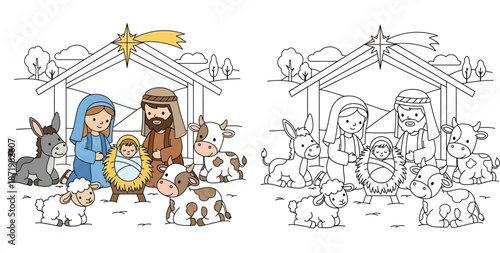 Cute cartoon Nativity scene vector illustration featuring Mary, Joseph, Baby Jesus and animals with black and white outline version for coloring book page