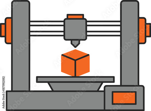 Modern 3D Printer Creating an Orange Cube Object.