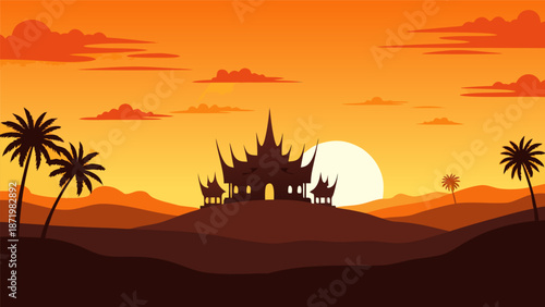 Beautiful Orange Sunset Vector Illustration of an Asian Temple Silhouette Surrounded by Palm Trees on Hills