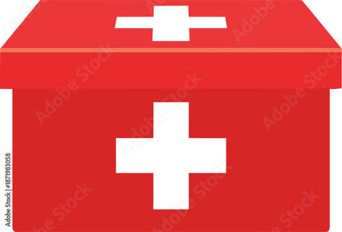 Red First Aid Kit With White Cross Symbol.