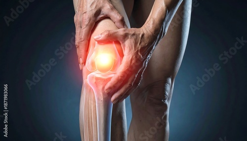 Close-up of a person holding their knee in pain, with a glowing red area indicating inflammation or injury.