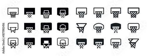 Different styles of basketball hoops icons set in black and white