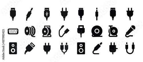 Set of various electronic cable and plug icons in black and white
