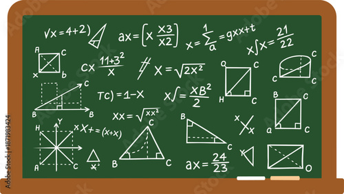Mathematics Formulas and Geometric Shapes on a Green Chalkboard.