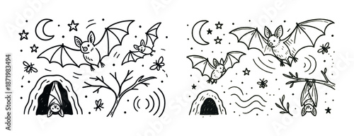 Cartoon bats in night sky with cave and stars