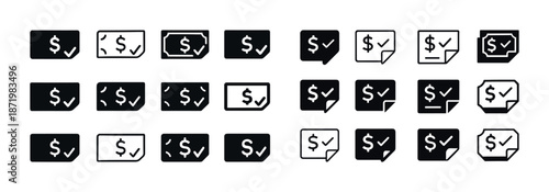 Black and white financial icons: dollar signs and checkmarks