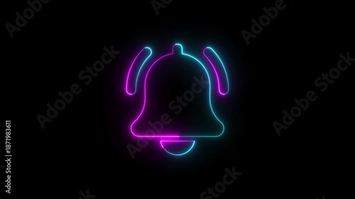 A bright neon notification bell icon rings to signal a new digital alert. Ideal for digital interface, social media, and technology concepts. Glowing neon notification bell icon animated isolated. 4k 