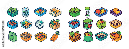 Colorful assortment of fresh fruits and vegetables in containers