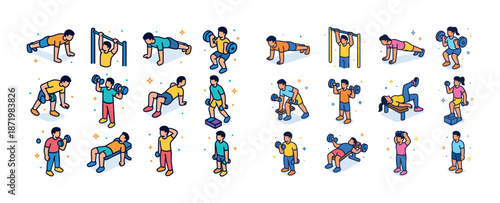 Illustrated fitness routine with diverse workouts and equipment