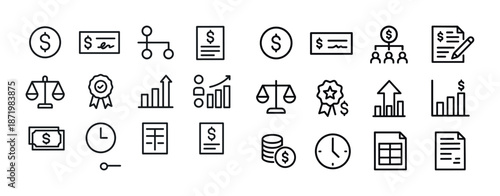 Financial icons featuring currency, charts, and scales