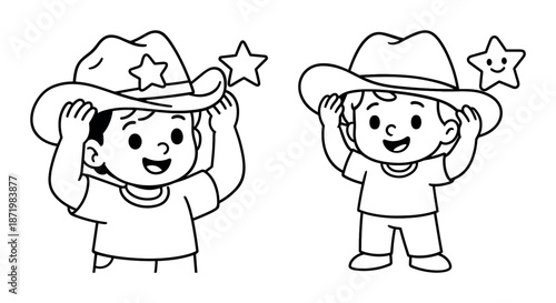 Two caucasian young boys in cowboy hats with stars, smiling and playing together