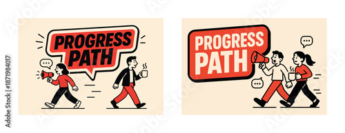 Cartoon characters on "progress path" with megaphones and coffee cups
