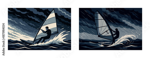 Silhouette of windsurfer braving stormy seas in dynamic ocean waves illustration