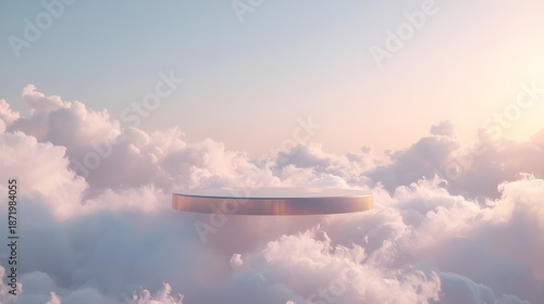 A serene ice podium stands majestically in the center surrounded by fluffy clouds