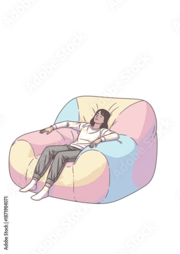 Gimme Gummy Puffy Furniture Silhouette. Person Relaxing in Squishy Marshmallow Chair for 2026 Tactile Design and Soft Minimalism Concept Vector.