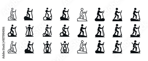 Silhouette stick figures exercising on various fitness equipment