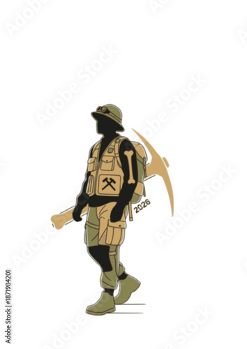 Khaki Coded Explorecore Silhouette for 2026 Travel. Person in Utility Vest and Cargo Gear for Wanderlust and Paleontologist Aesthetic Concept Vector.