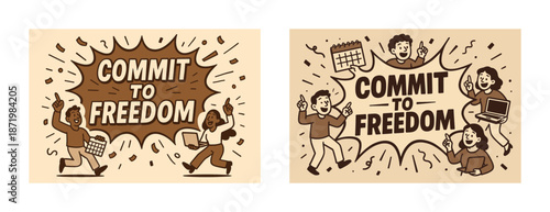 Diverse group celebrating freedom with laptops and calendars illustration