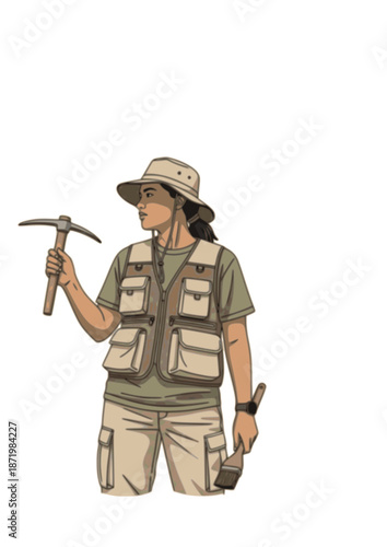 Khaki Coded Explorecore Silhouette for 2026 Travel. Person in Utility Vest and Cargo Gear for Wanderlust and Paleontologist Aesthetic Concept Vector.