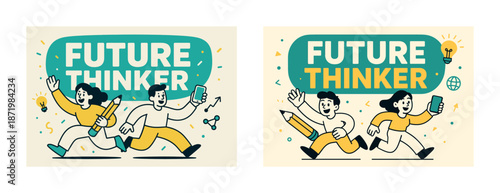 Future thinker design with diverse characters holding pencil and smartphone