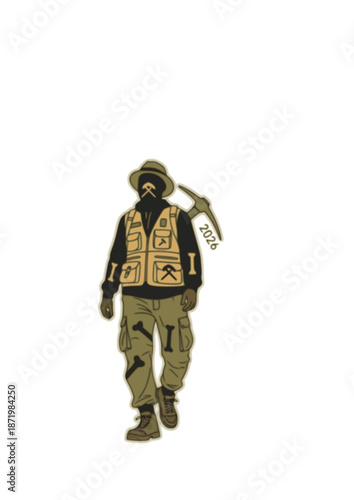 Khaki Coded Explorecore Silhouette for 2026 Travel. Person in Utility Vest and Cargo Gear for Wanderlust and Paleontologist Aesthetic Concept Vector.