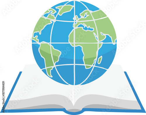 A book with a blue globe representing world geography, global knowledge, and international travel
