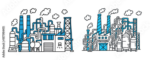Industrial complex with pipes and smokestacks emitting smoke
