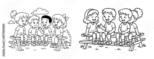 Children sitting on bench, conversing and smiling in outdoor setting