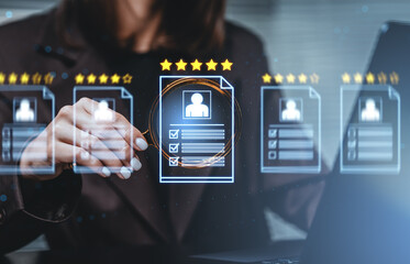 Human resources rating concept with magnifying glass analyzing digital resumes and five-star feedback icons on a futuristic business background.