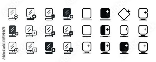 Collection of computer monitor icons with plus signs in various styles