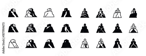 Minimalist mountain and building silhouettes in various stylized designs