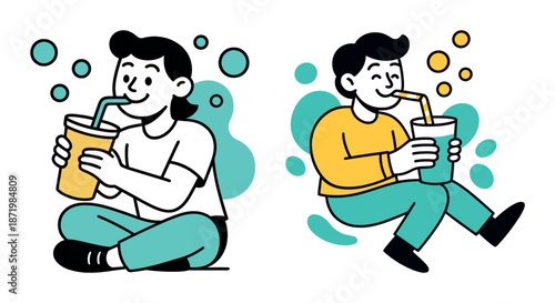 Young asian adults enjoying beverages with straws in playful art style