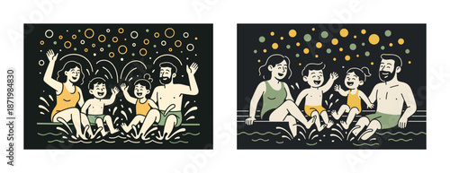 Happy caucasian family with children splashing in pool at night with bubbles