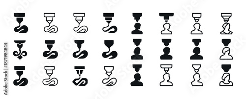 Set of 3d printing and user interface icons in black and white minimalist style