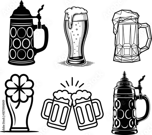 Vector illustration of a set of beer mugs in glass style suitable for bar or pub design