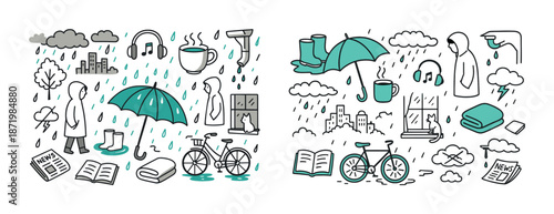 Rainy day doodles: umbrellas, bikes, and cozy symbols