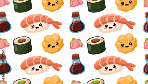 Cute Kawaii Sushi and Japanese Food Pattern