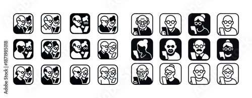 Diverse elderly people icons: caucasian and asian men and women with glasses