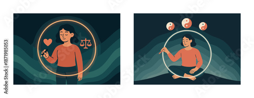 Asian female practicing mindfulness and meditation with symbolic icons