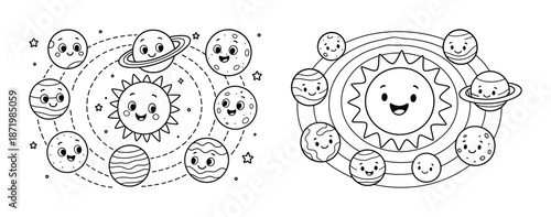 Cute cartoon solar system with smiling planets and sun in black and white