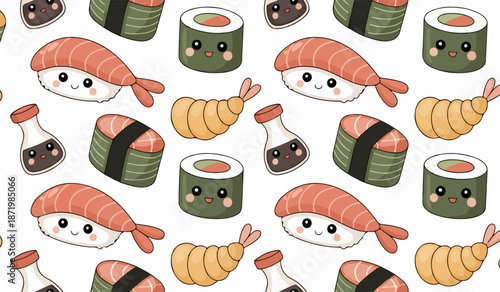 Cute Kawaii Sushi and Tempura Seamless Pattern