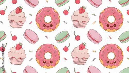 Sweet Kawaii Dessert Pattern with Donuts, Cupcakes, and Macarons